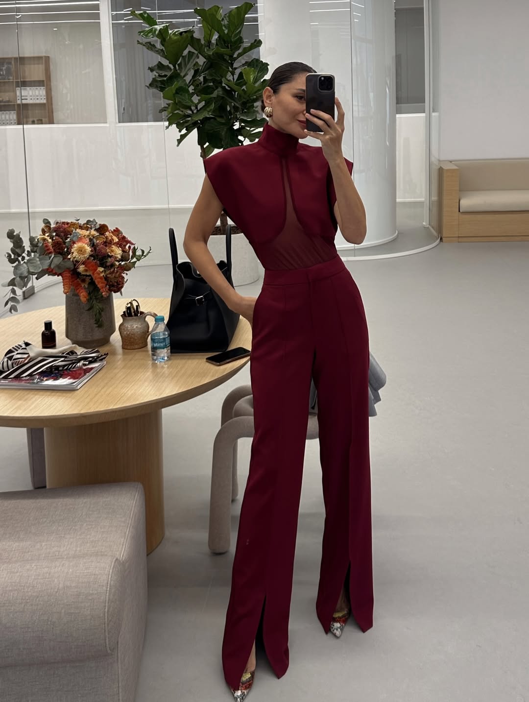 High-Neck Mesh Panel Top & Slit Pants Two-Piece Set