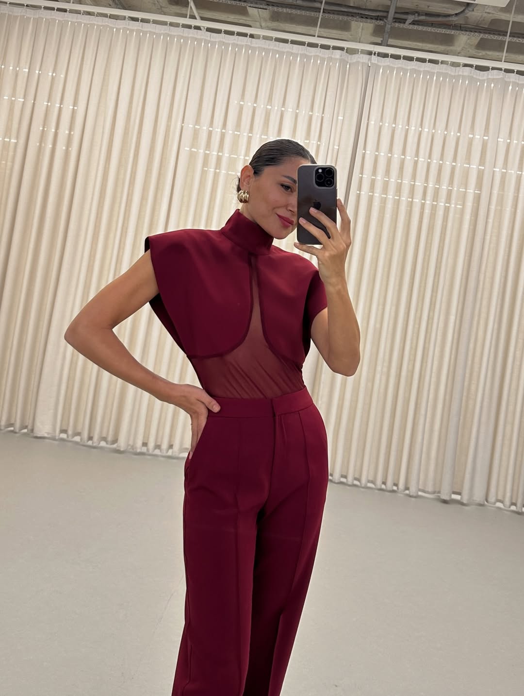 High-Neck Mesh Panel Top & Slit Pants Two-Piece Set
