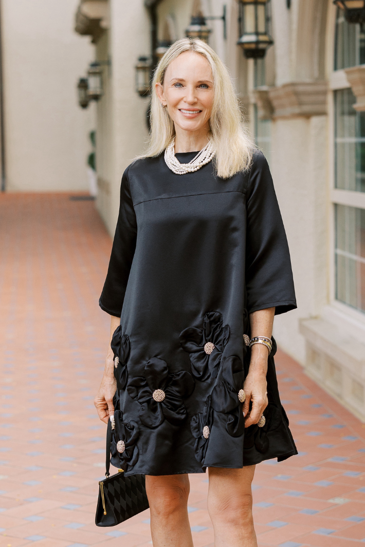 Elegant Black Satin Floral Embellished Mini Dress