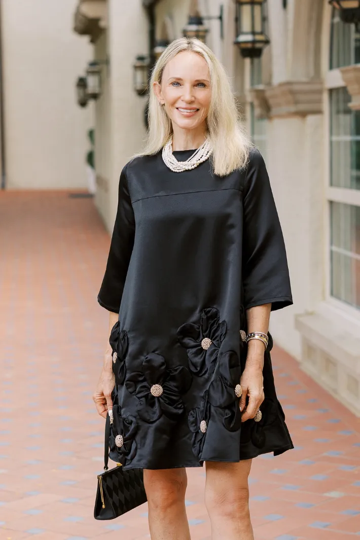 Elegant Black Satin Floral Embellished Mini Dress