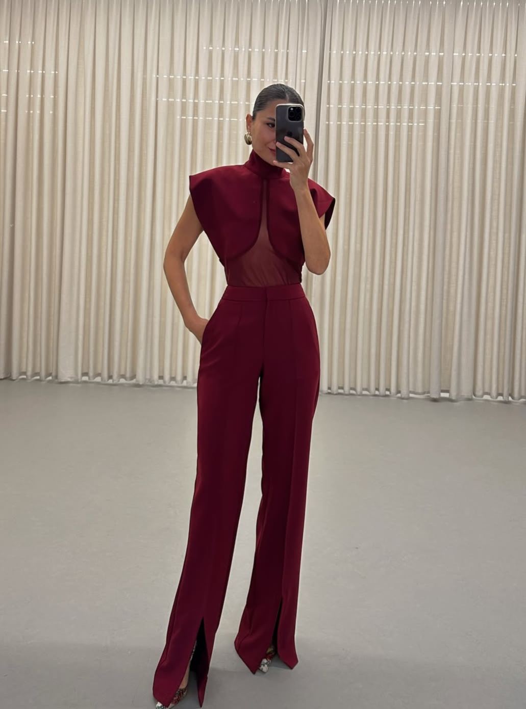 High-Neck Mesh Panel Top & Slit Pants Two-Piece Set