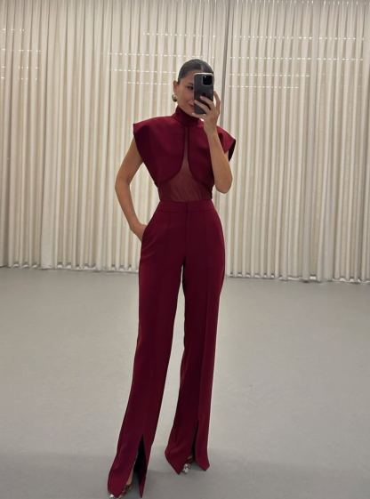 High-Neck Mesh Panel Top & Slit Pants Two-Piece Set