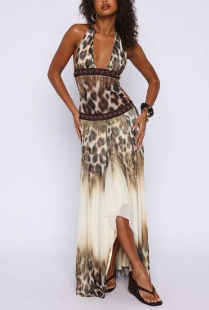 Gold Leopard Print Beaded Patchwork Halter Backless Maxi Dress