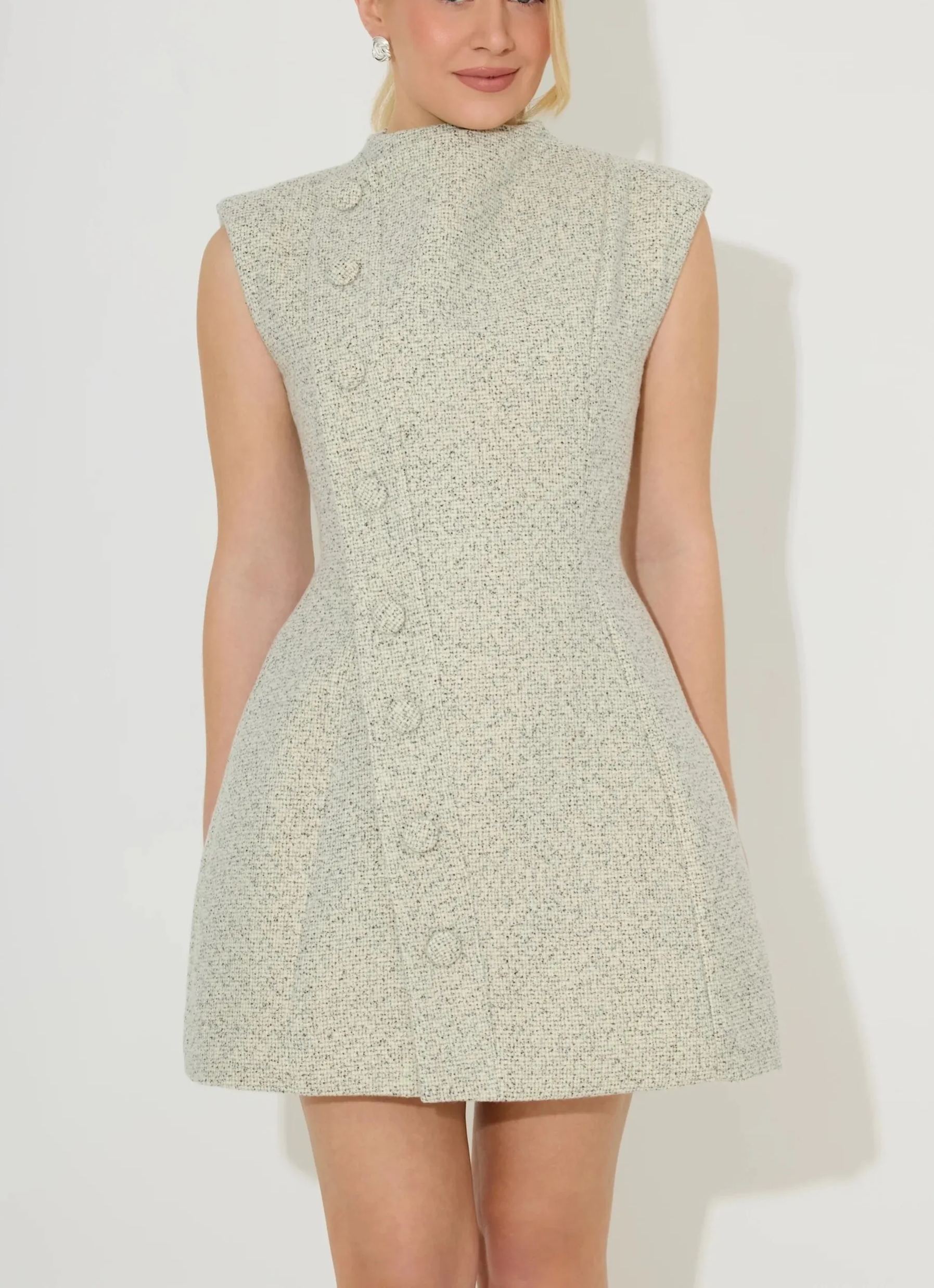Tweed Button Detail Mini Dress