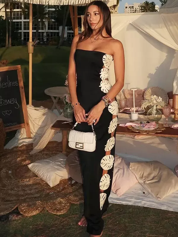 Elegant Strapless Floral Side-Slit Maxi Dress