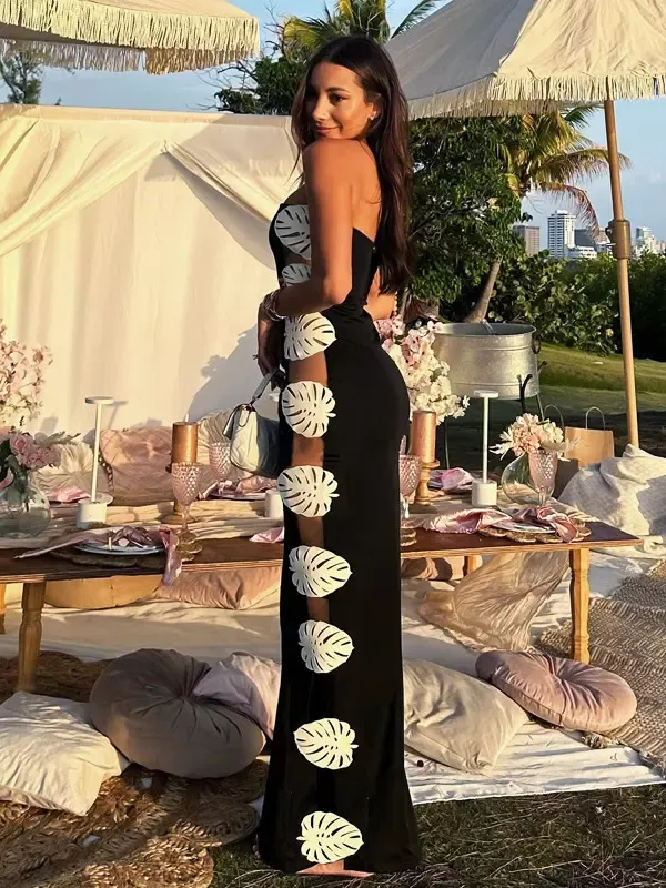 Elegant Strapless Floral Side-Slit Maxi Dress