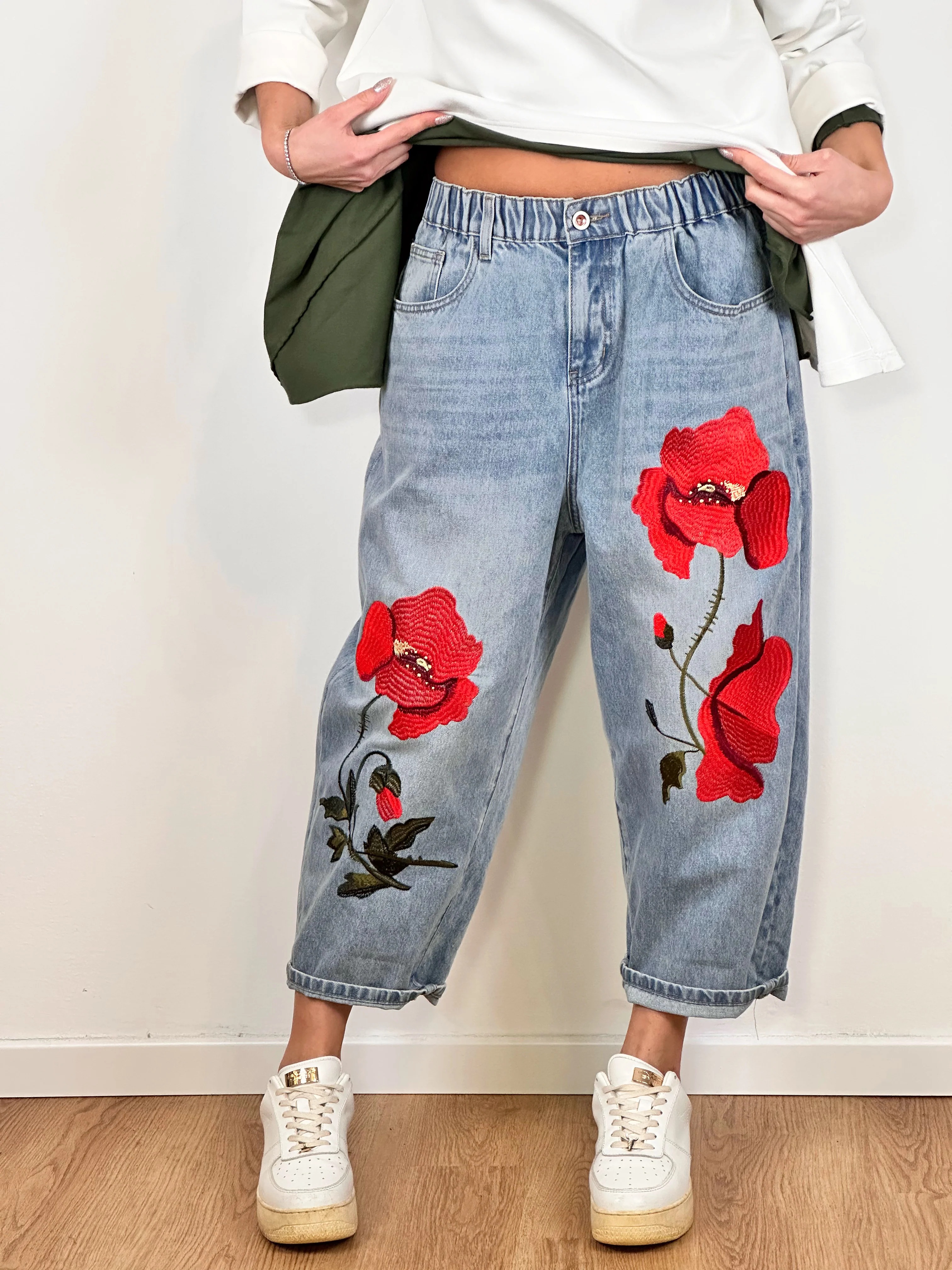 Floral Loose-fitting Casual Pockets Jeans