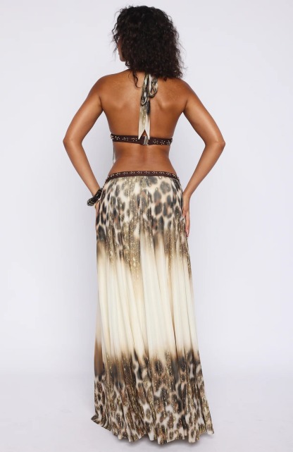 Gold Leopard Print Beaded Patchwork Halter Backless Maxi Dress