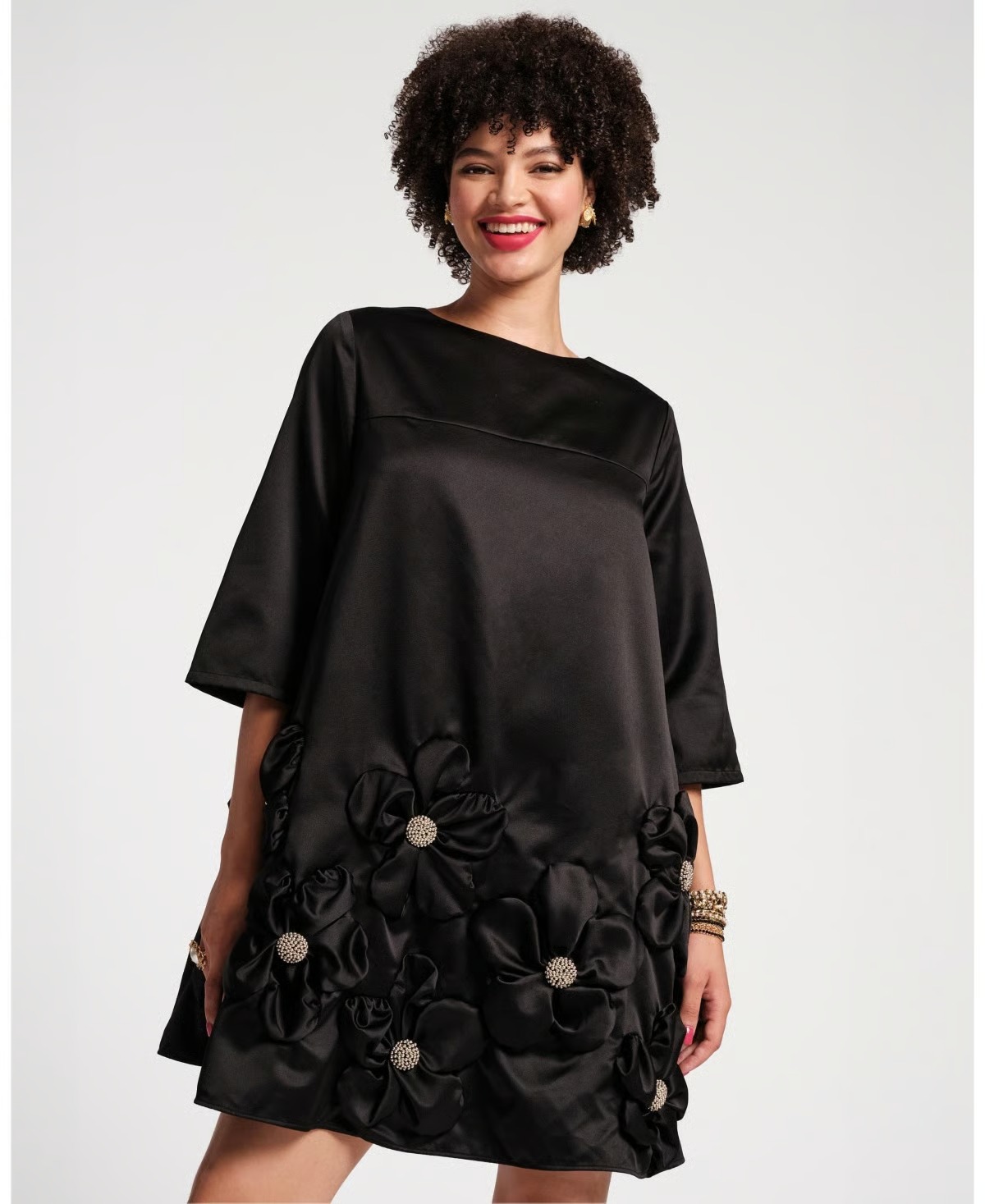 Elegant Black Satin Floral Embellished Mini Dress