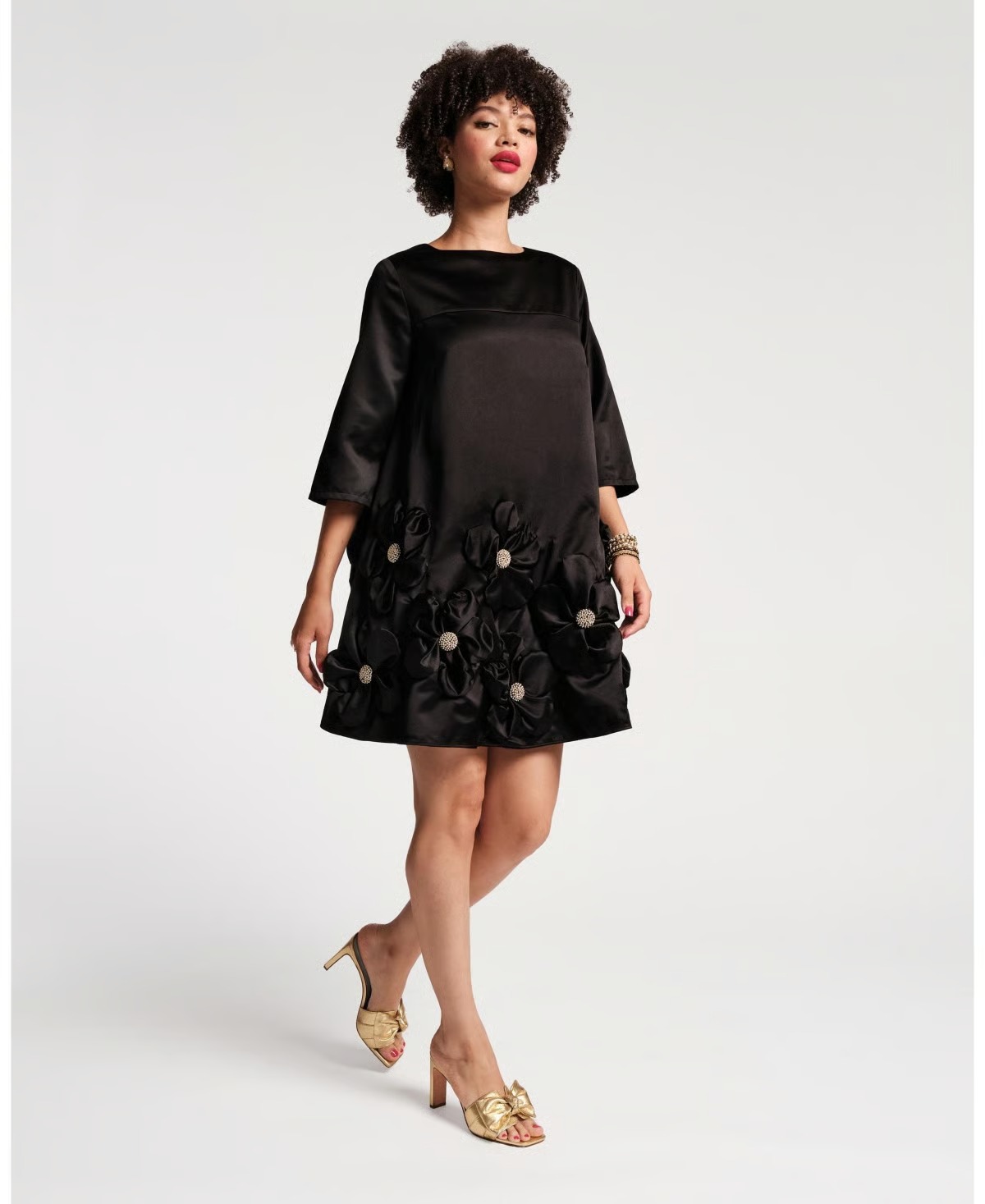 Elegant Black Satin Floral Embellished Mini Dress