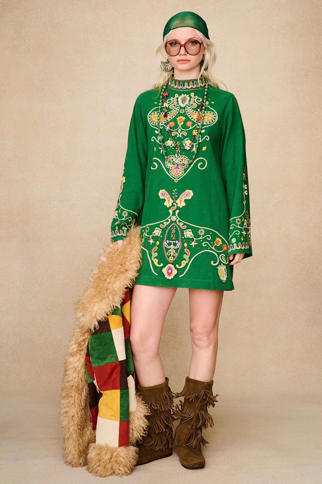Green Folk Embroidered Mini Dress