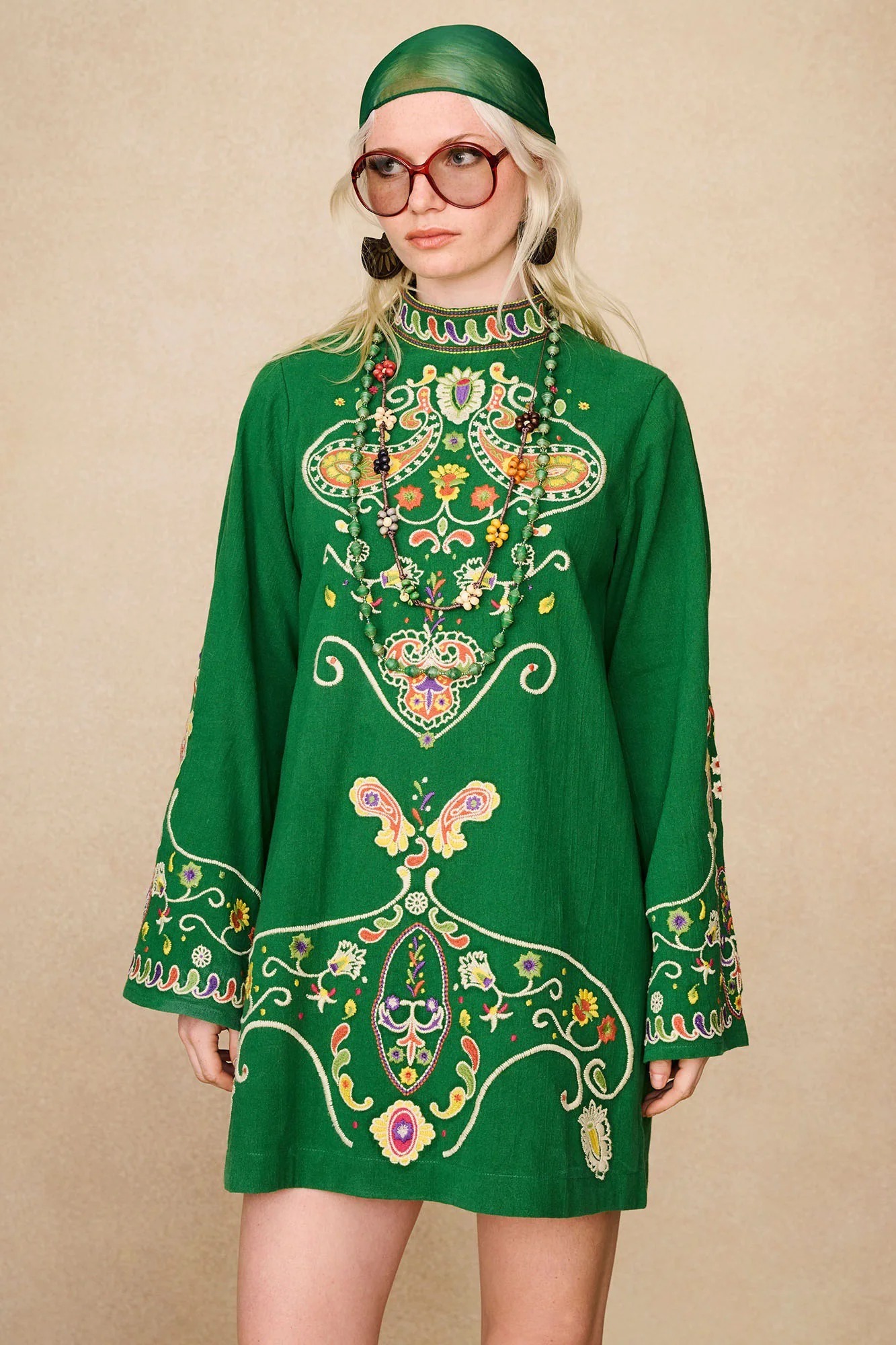 Green Folk Embroidered Mini Dress