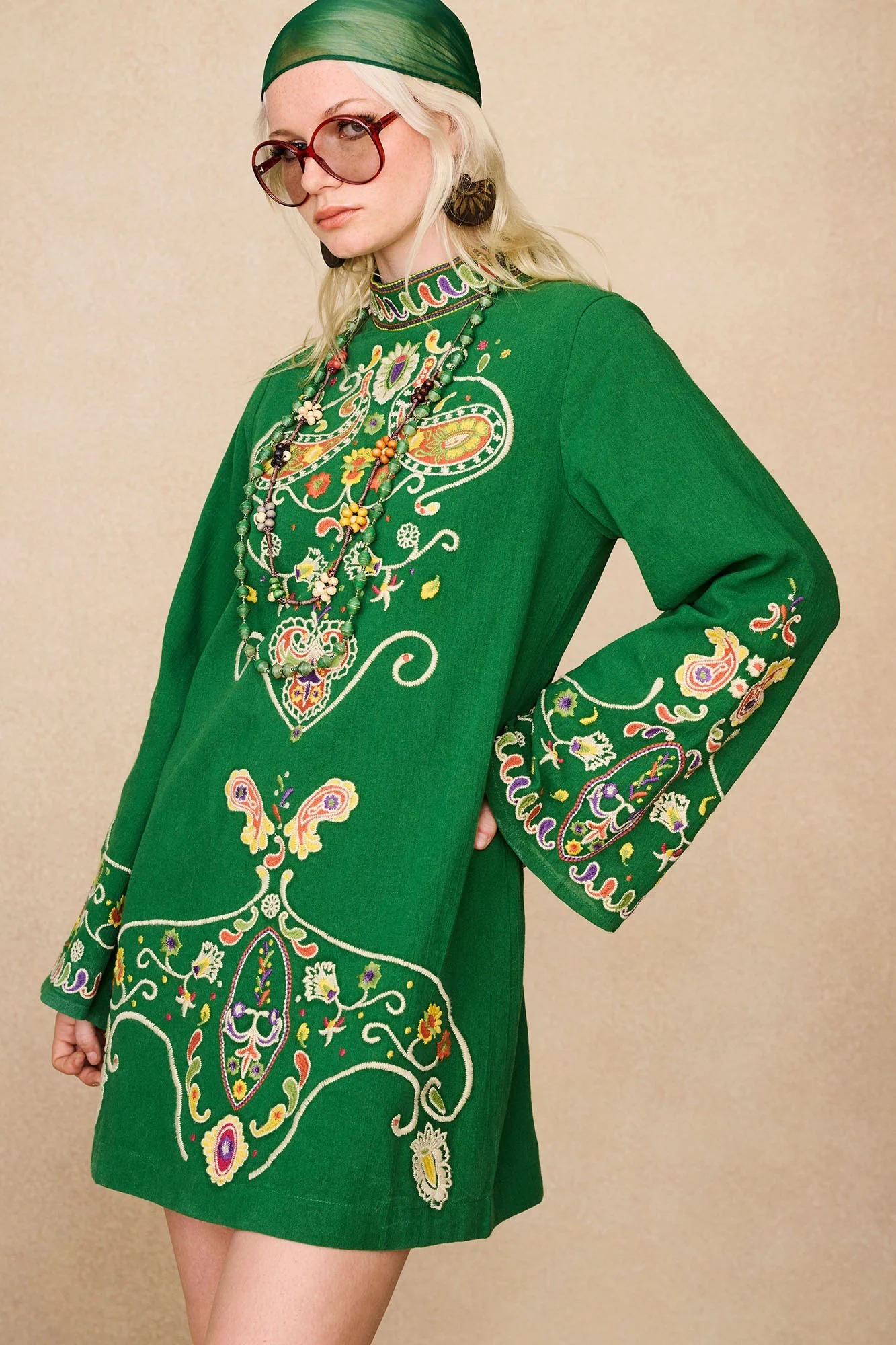 Green Folk Embroidered Mini Dress