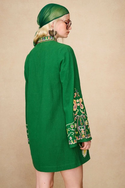 Green Folk Embroidered Mini Dress