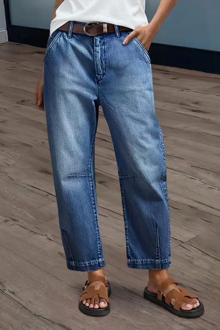 Wash Stitch Detail Mid Rise Barrel Leg Jeans Without Belt