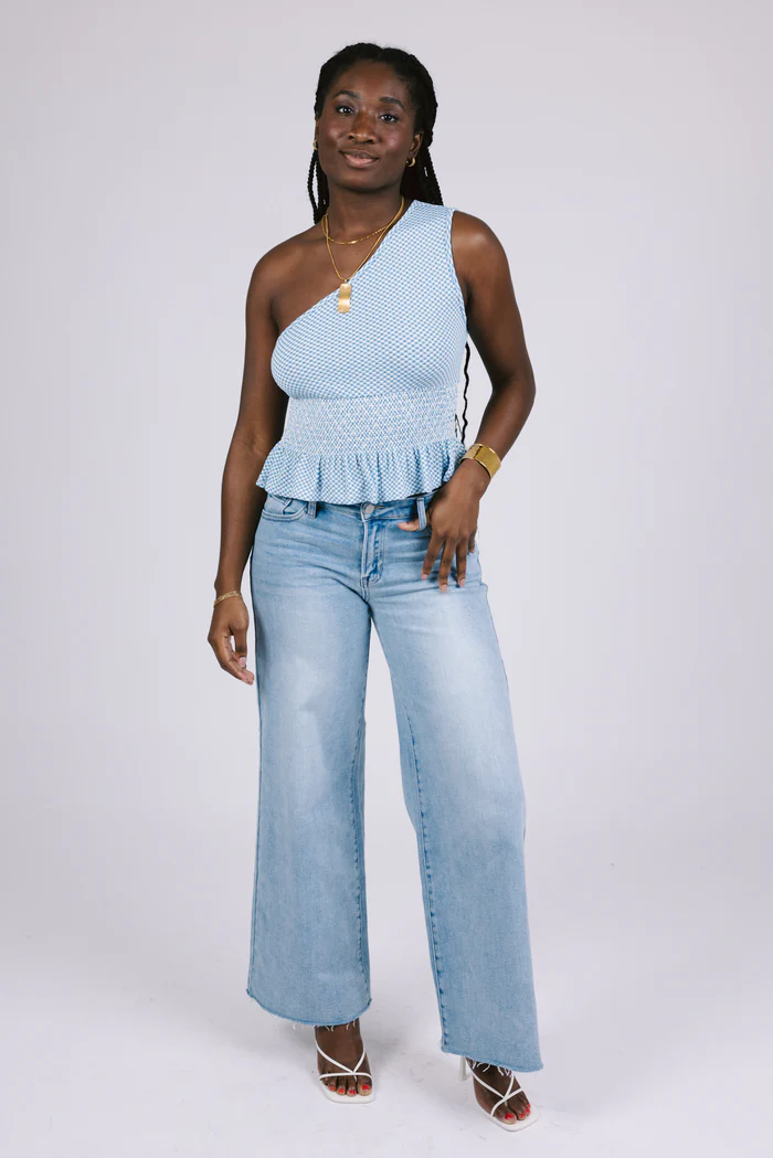 Light Wash Raw Hem High Waist Wide Leg Jeans