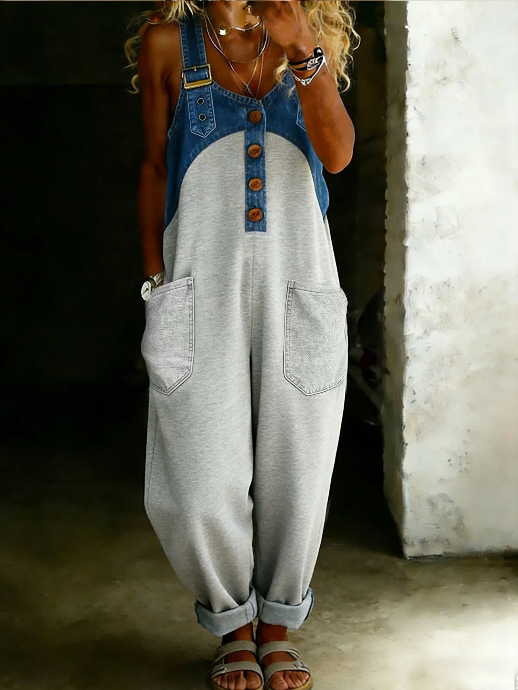 Women’s Casual One Piece Denim Denim Patchwork Jumpsuit