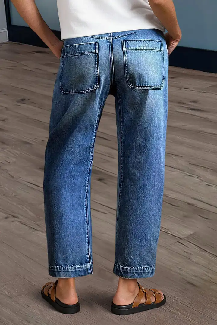 Wash Stitch Detail Mid Rise Barrel Leg Jeans Without Belt