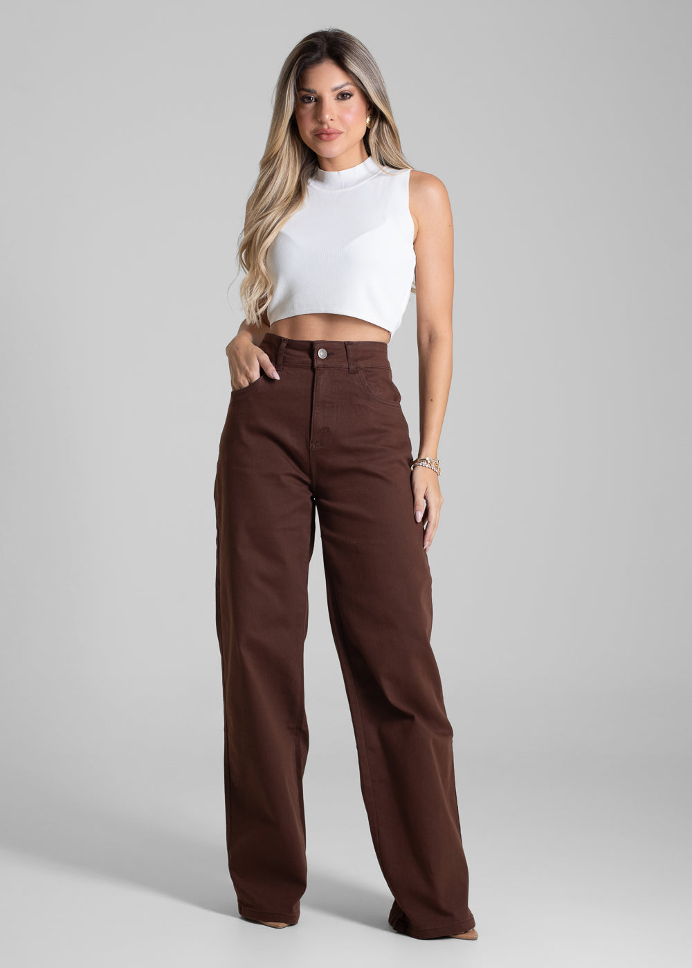 Wide-Leg Twill Pants - Brown
