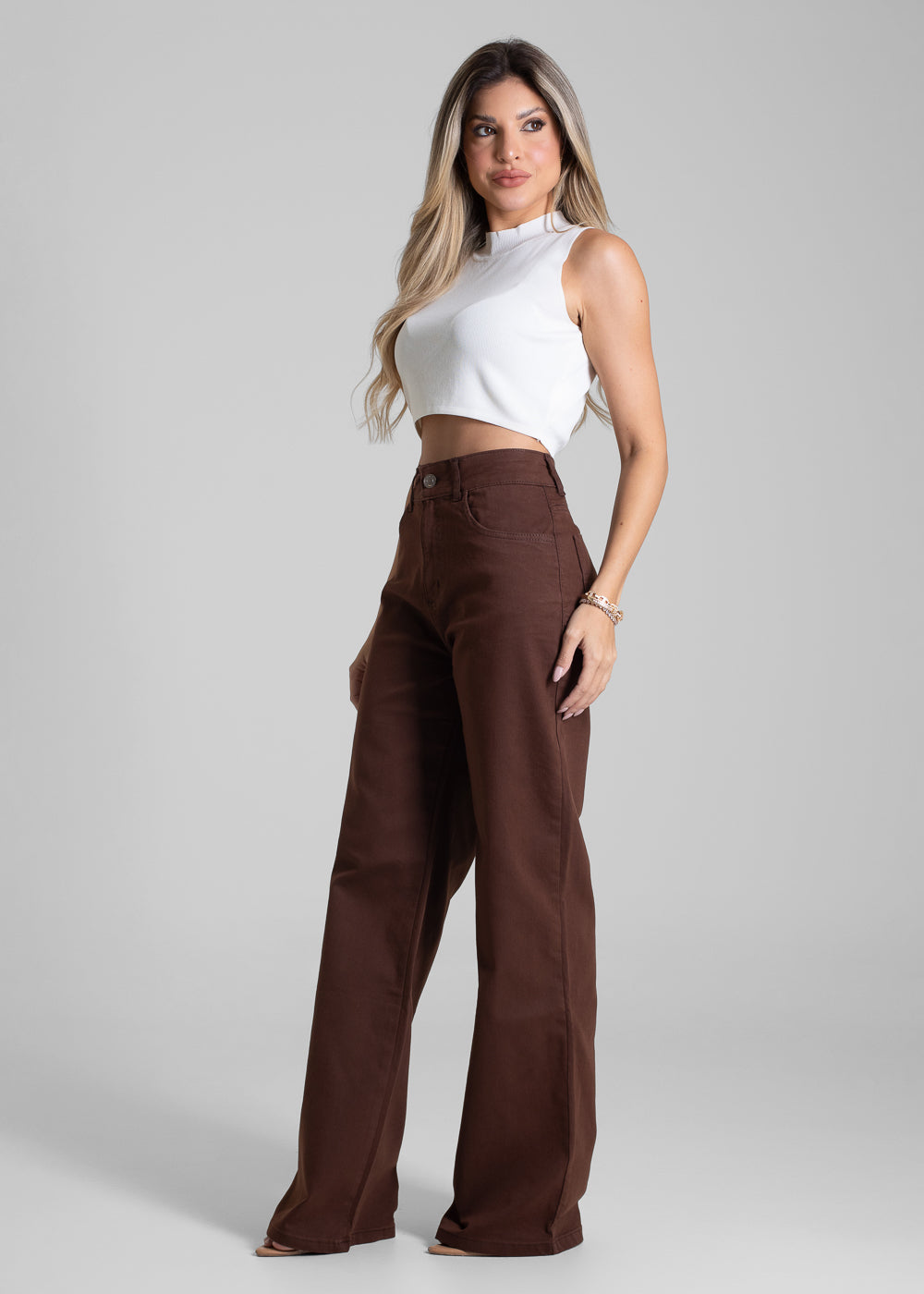 Wide-Leg Twill Pants - Brown