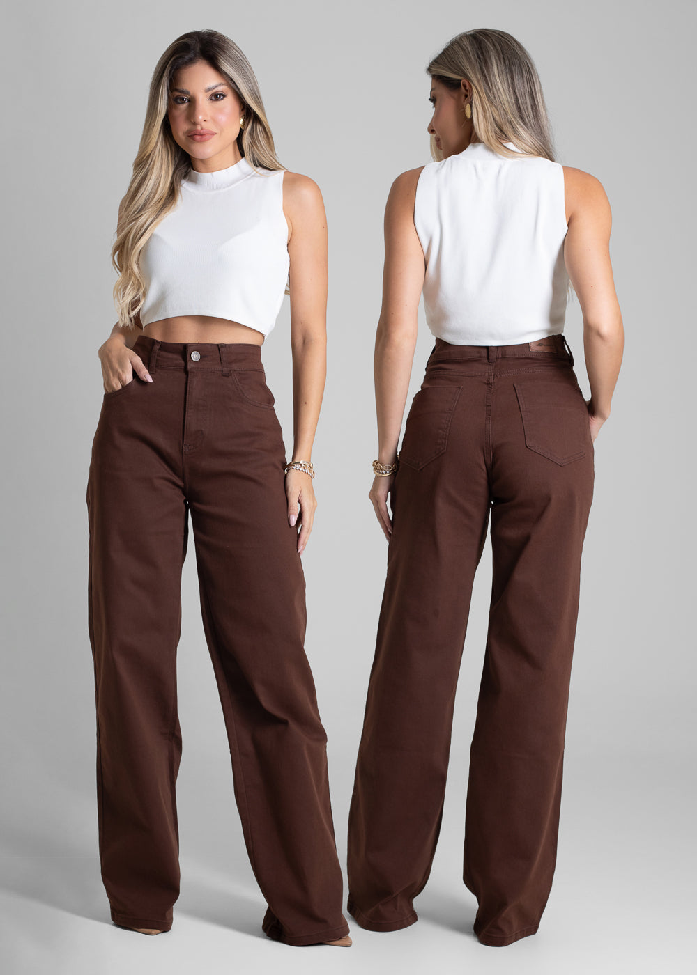 Wide-Leg Twill Pants - Brown