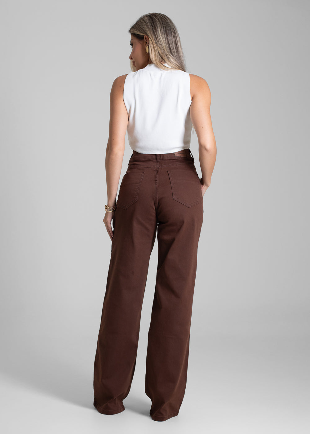 Wide-Leg Twill Pants - Brown