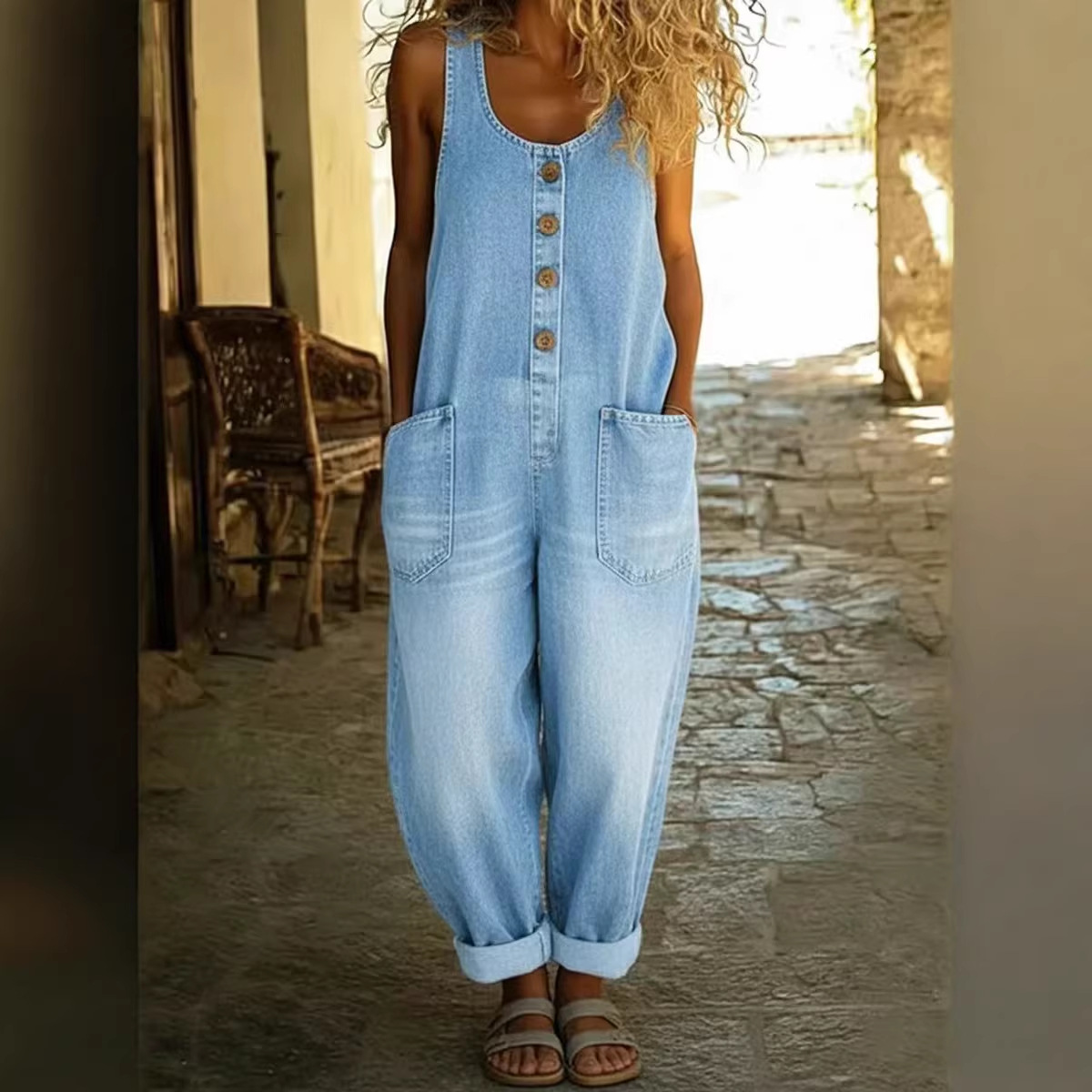 Women's Retro Casual Denim Jumpsuit With Adjustable Buckle
