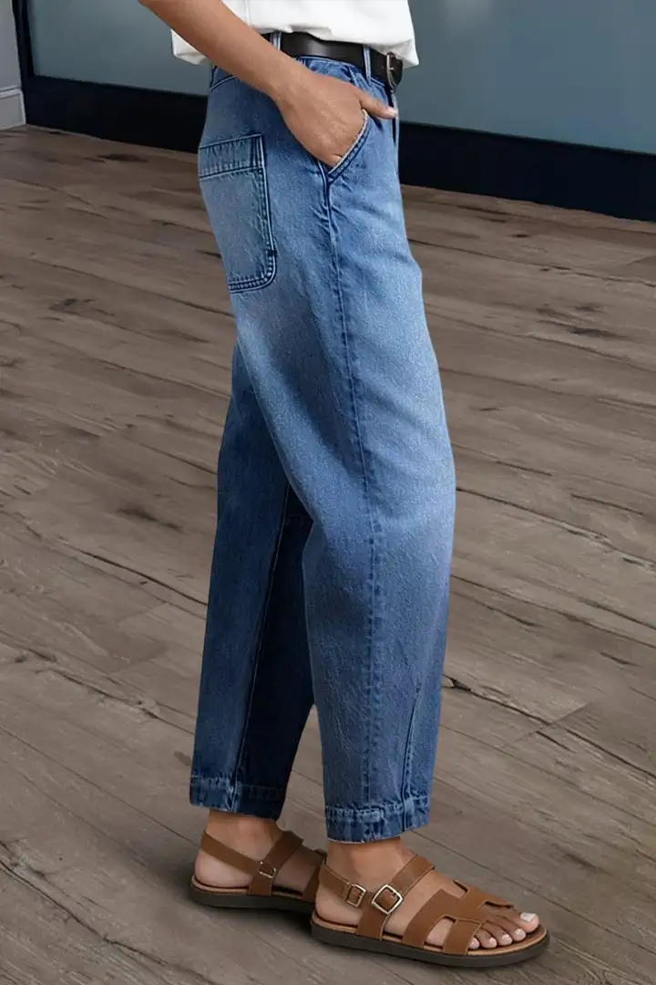 Wash Stitch Detail Mid Rise Barrel Leg Jeans Without Belt
