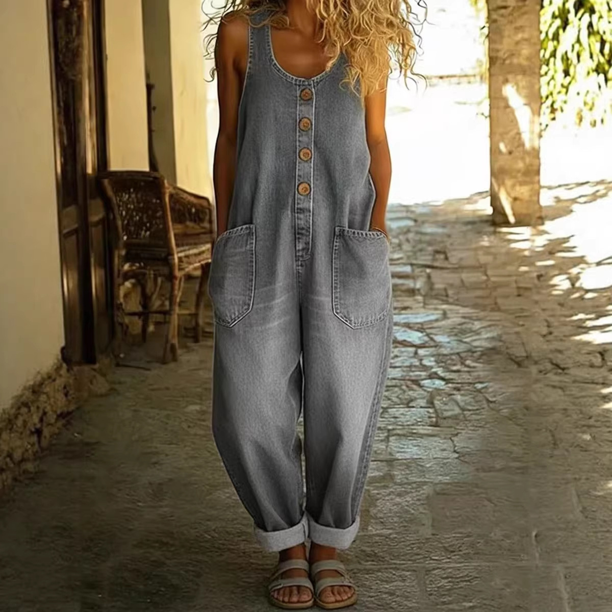Women's Retro Casual Denim Jumpsuit With Adjustable Buckle