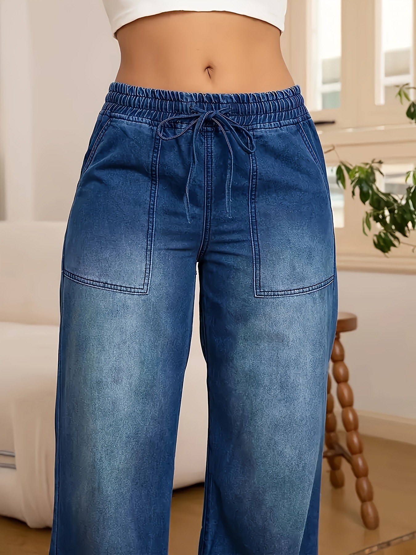 Women's Fashion Versatile Drawstring Waist Wide Leg Straight Jeans With Back Pockets