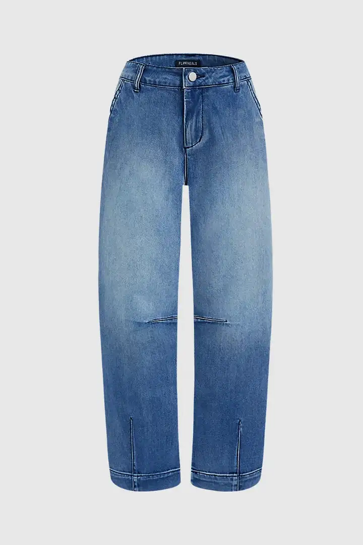 Wash Stitch Detail Mid Rise Barrel Leg Jeans Without Belt