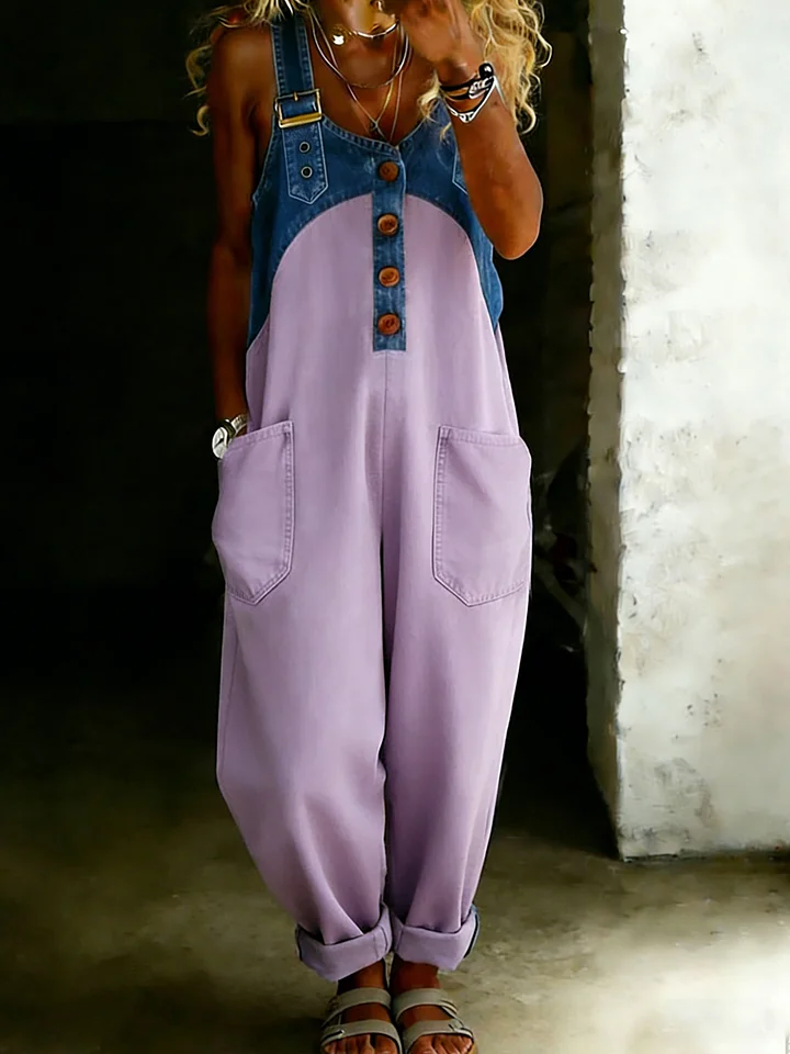 Women’s Casual One Piece Denim Denim Patchwork Jumpsuit