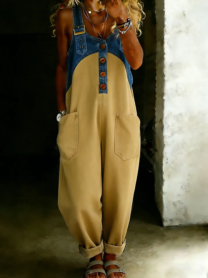 Women’s Casual One Piece Denim Denim Patchwork Jumpsuit
