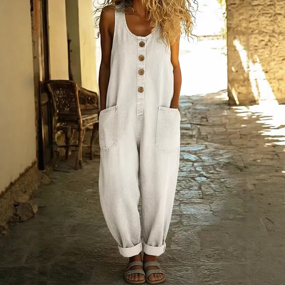 Women's Retro Casual Denim Jumpsuit With Adjustable Buckle