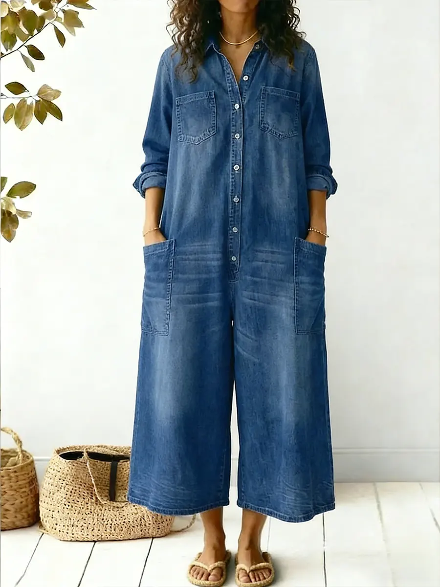 Women's Cozy And Casual Denim Jumpsuit With Large Front Pockets