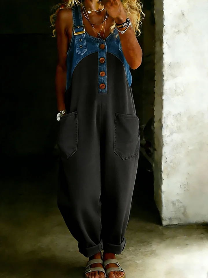 Women’s Casual One Piece Denim Denim Patchwork Jumpsuit