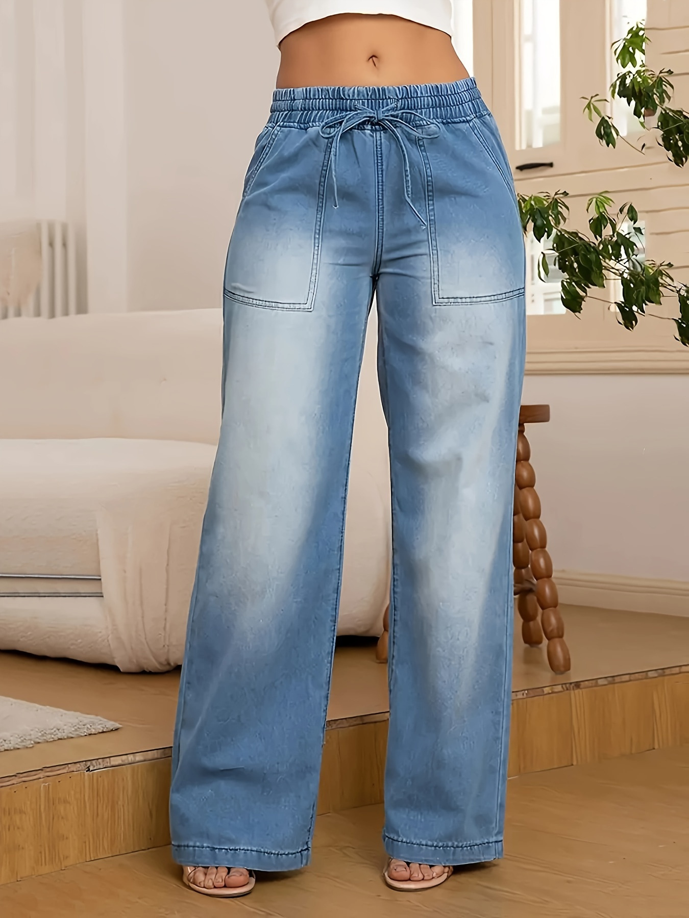 Women's Fashion Versatile Drawstring Waist Wide Leg Straight Jeans With Back Pockets