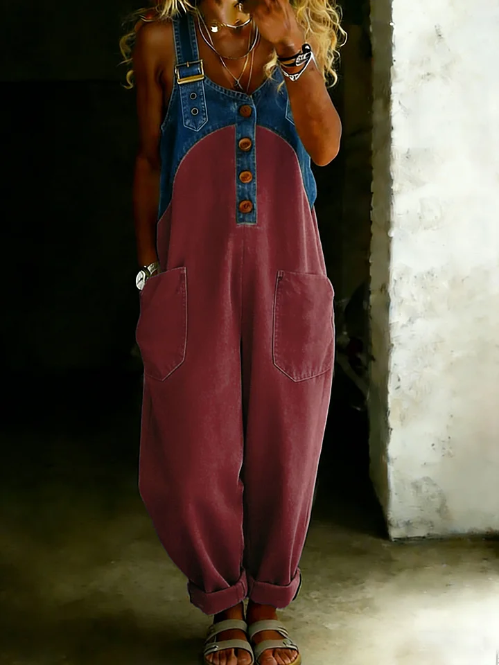 Women’s Casual One Piece Denim Denim Patchwork Jumpsuit