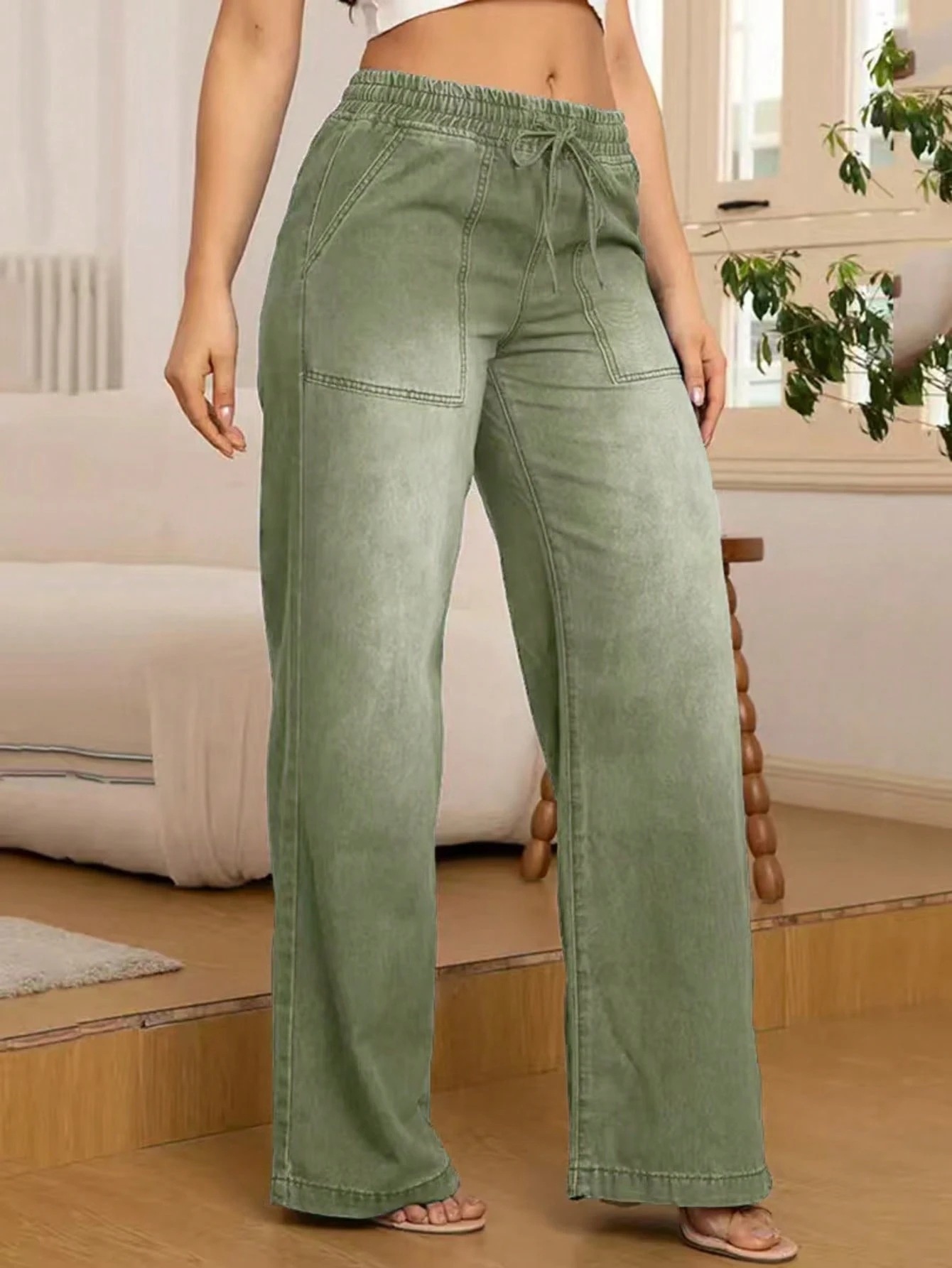 Women's Fashion Versatile Drawstring Waist Wide Leg Straight Jeans With Back Pockets