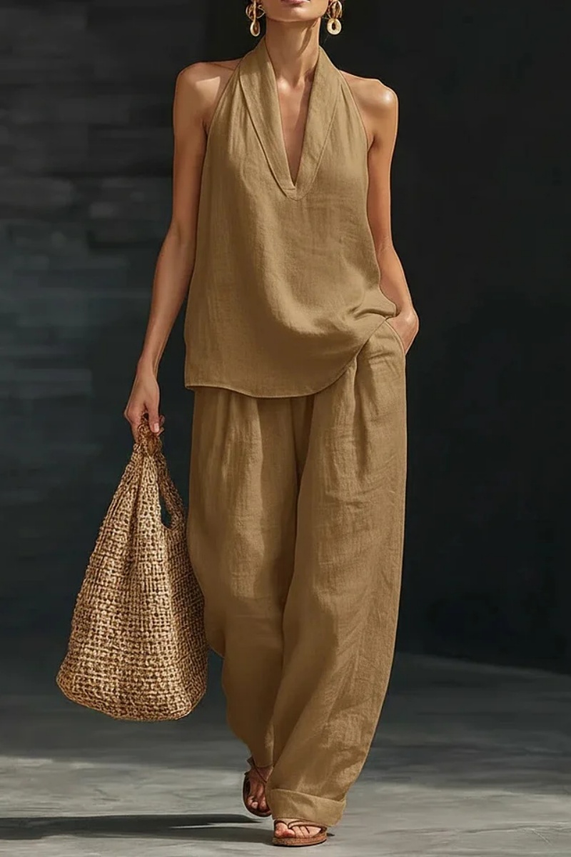 Women's V-neck Top + Tencel Linen Casual Suit