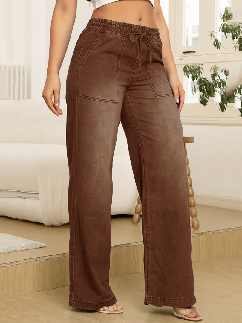 Women's Fashion Versatile Drawstring Waist Wide Leg Straight Jeans With Back Pockets