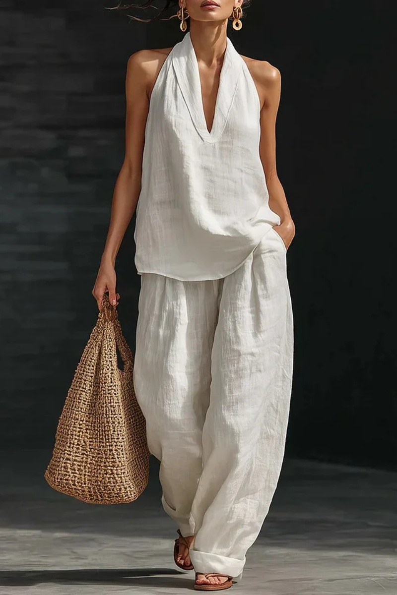 Women's V-neck Top + Tencel Linen Casual Suit