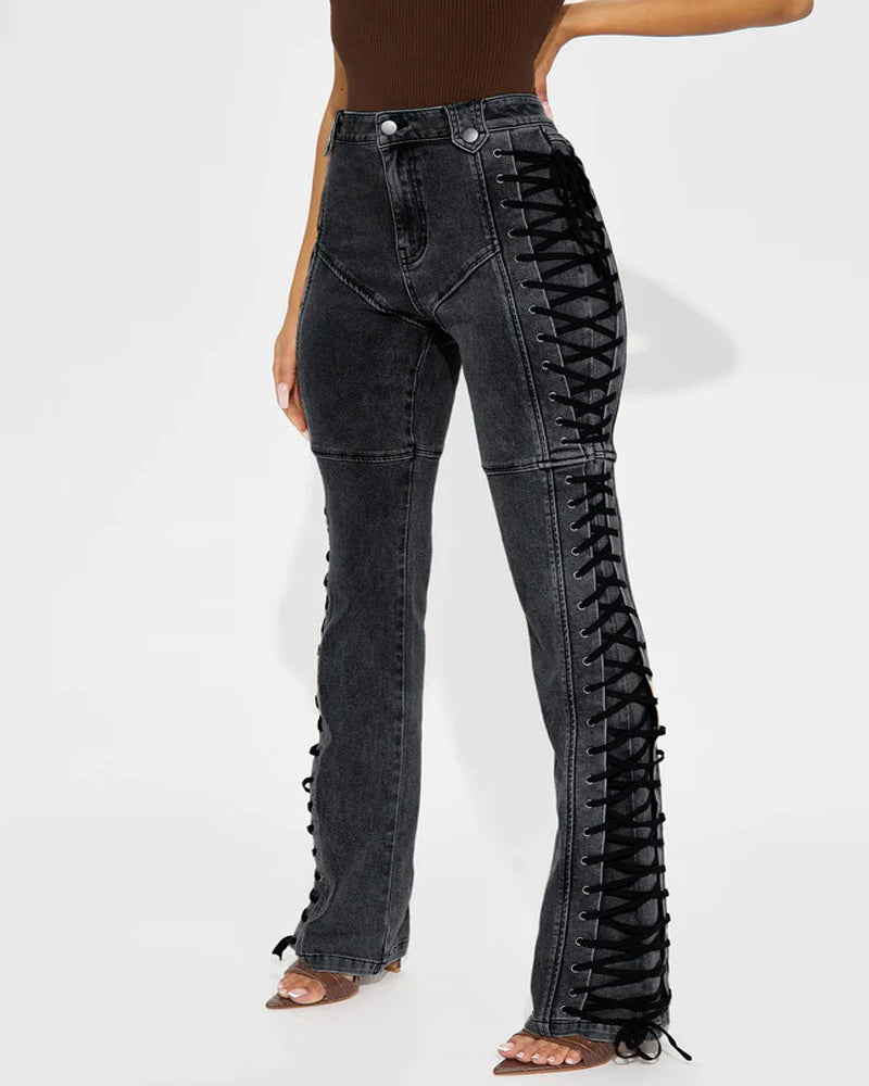 Fashion Side Drawstring Flared Jeans