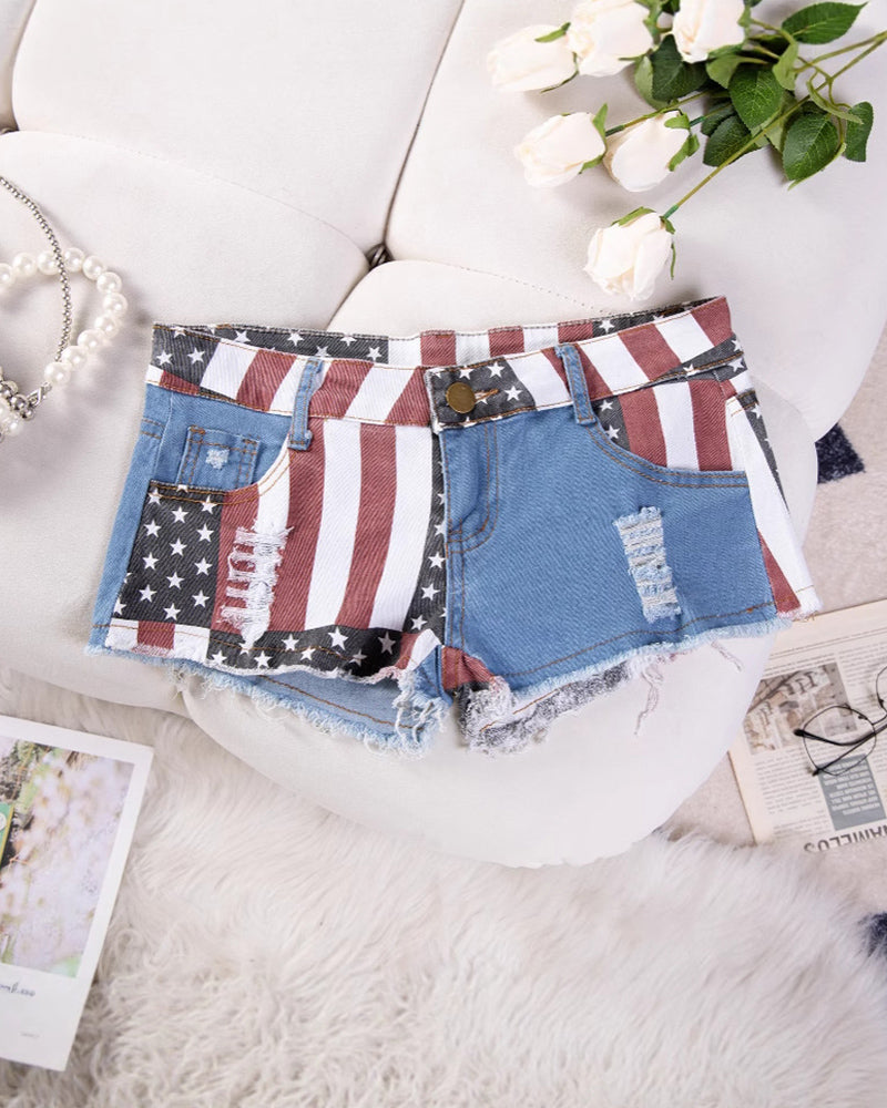 High Waisted American Flag Distressed Denim Shorts
