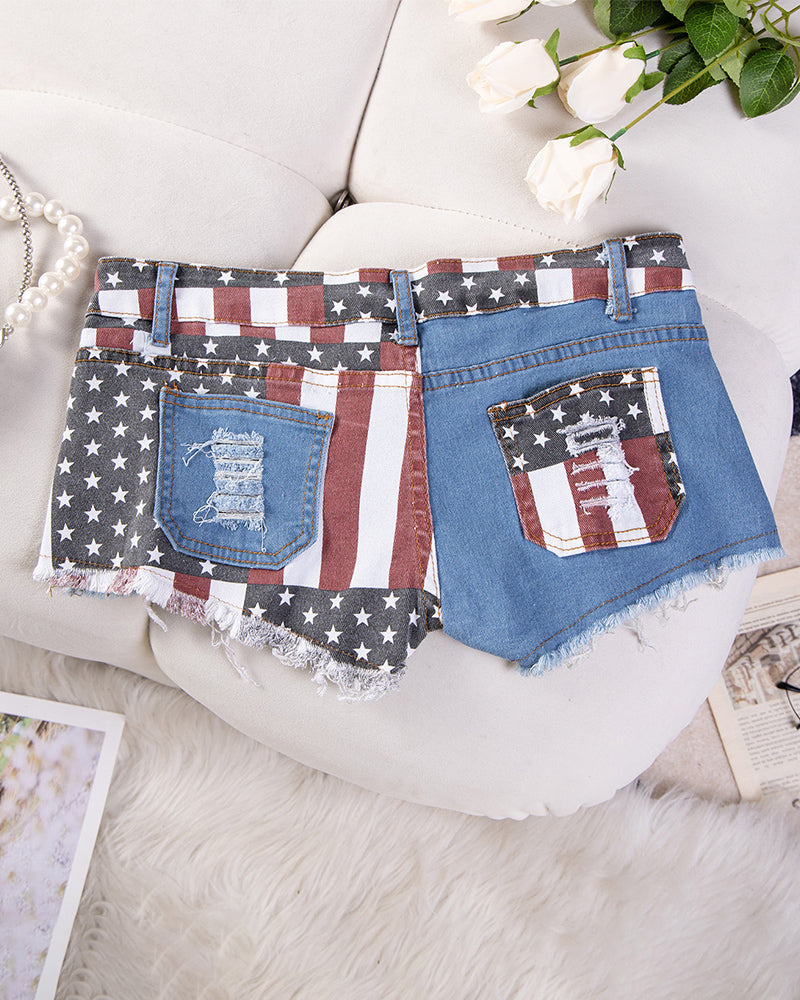 High Waisted American Flag Distressed Denim Shorts