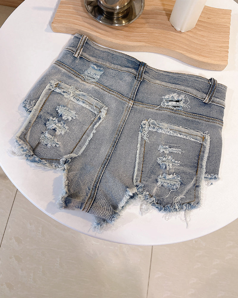 High Waisted Distressed Ripped Denim Shorts - Frayed Hot Pants