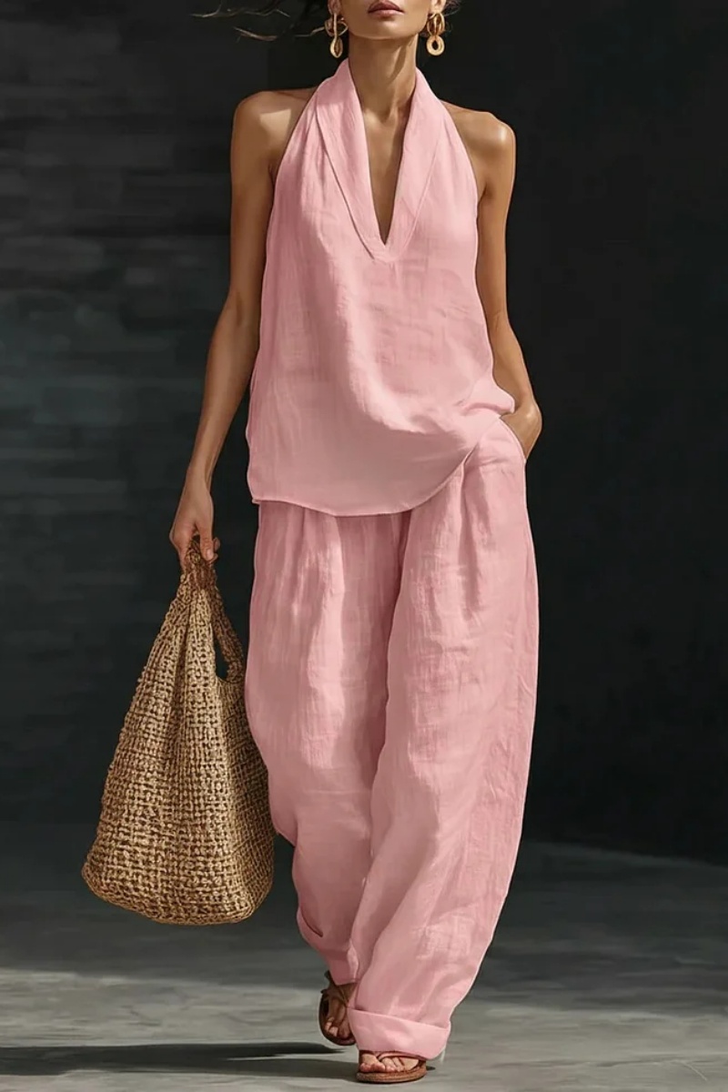 Women's V-neck Top + Tencel Linen Casual Suit