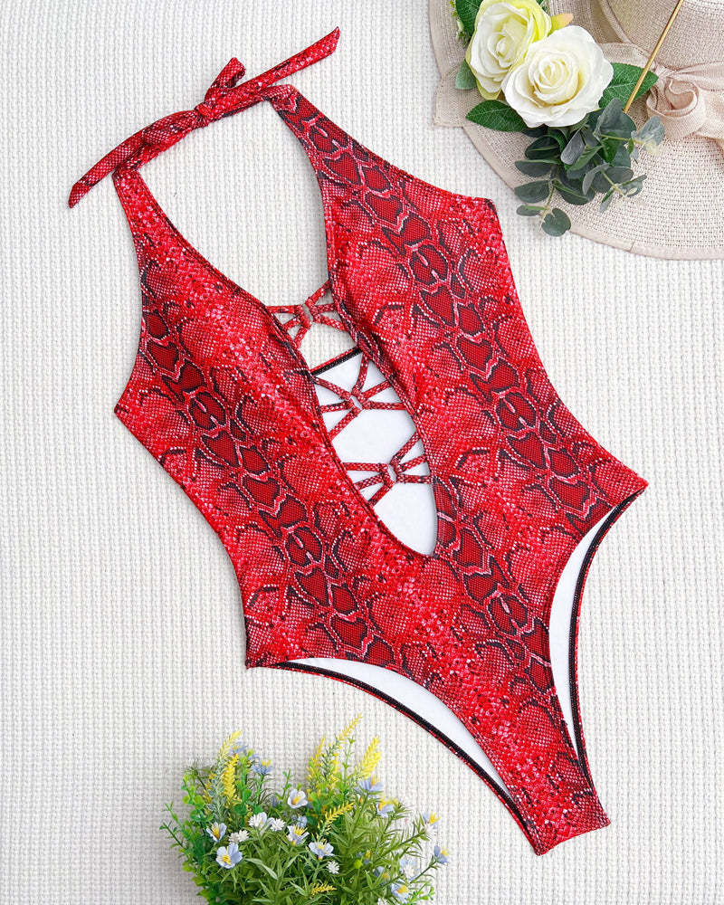 Snake-print Cutout Halter Neck Strap One-piece Swimsuit