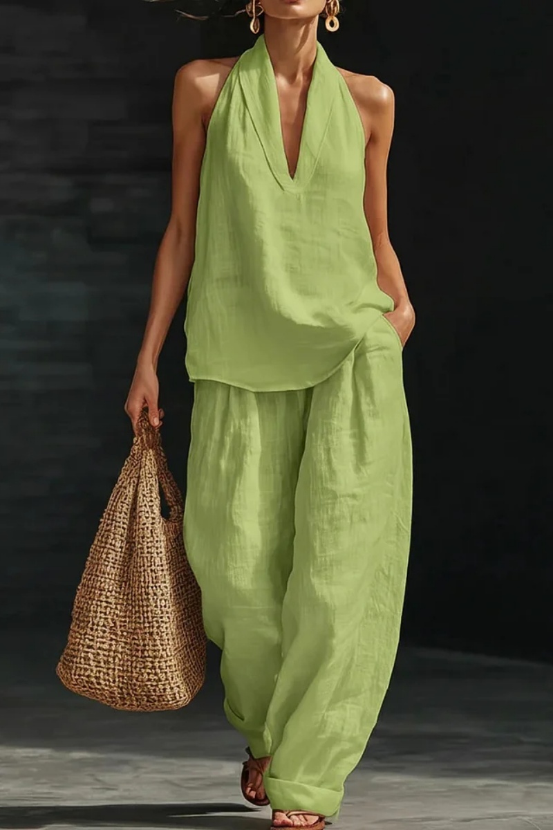 Women's V-neck Top + Tencel Linen Casual Suit