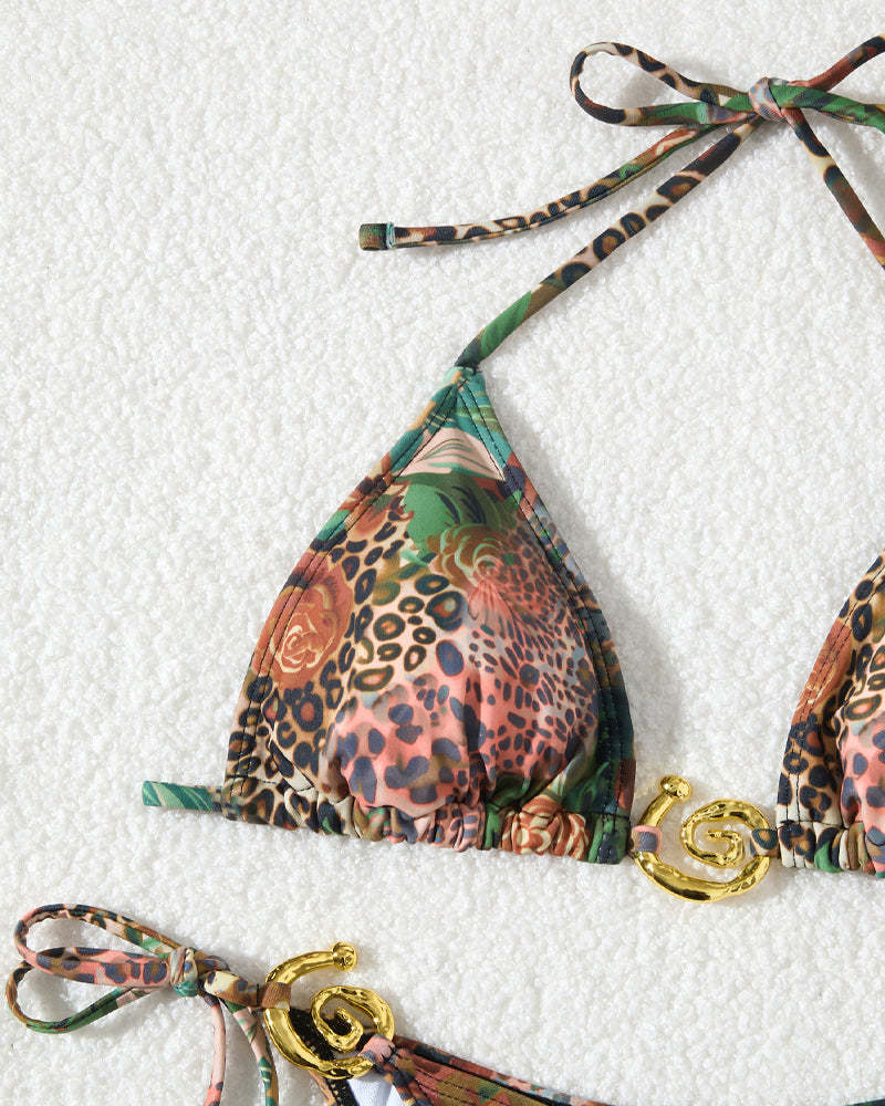 Retro Floral Leopard Print Beach Vacation Bikini